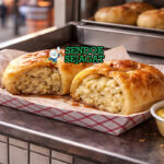 Knish khas New York dengan kulit pastry renyah kecokelatan, isi kentang halus, disajikan hangat di piring dengan mustard kuning