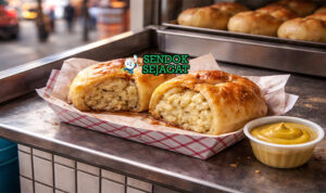 Knish khas New York dengan kulit pastry renyah kecokelatan, isi kentang halus, disajikan hangat di piring dengan mustard kuning