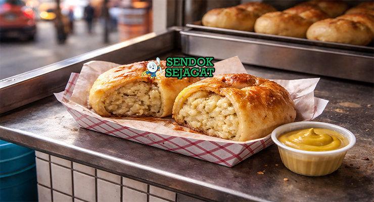 Knish khas New York dengan kulit pastry renyah kecokelatan, isi kentang halus, disajikan hangat di piring dengan mustard kuning