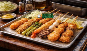 Kushikatsu khas Jepang dengan tusukan ayam, udang, terong, kubis, dan jamur goreng renyah disajikan di piring dengan saus Worcestershire