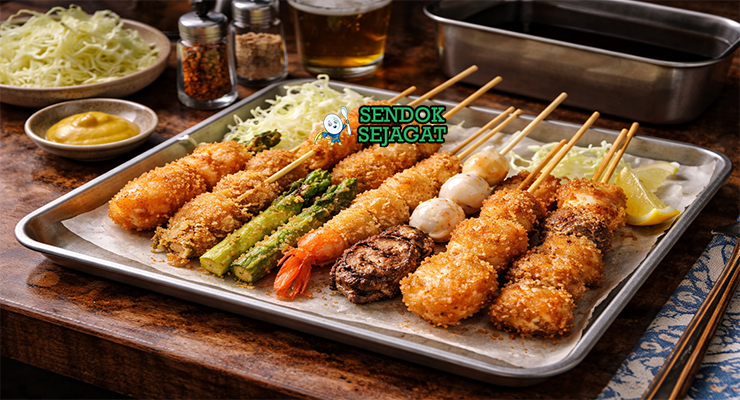 Kushikatsu khas Jepang dengan tusukan ayam, udang, terong, kubis, dan jamur goreng renyah disajikan di piring dengan saus Worcestershire