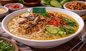 Mangkuk laksa Banjar khas Banjarmasin dengan mie gulungan kenyal, suwiran ikan gabus, kuah santan kekuningan, taburan bawang goreng dan daun bawang di atas meja kayu