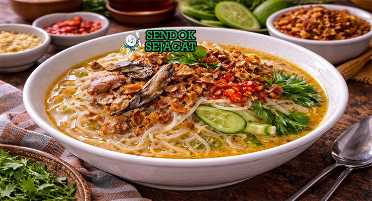 Mangkuk laksa Banjar khas Banjarmasin dengan mie gulungan kenyal, suwiran ikan gabus, kuah santan kekuningan, taburan bawang goreng dan daun bawang di atas meja kayu