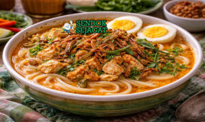 Mangkuk laksa tambelan khas Bintan dengan kuah santan gurih, mie sagu kenyal, suwiran ikan tongkol asap, dan taburan daun kesum segar