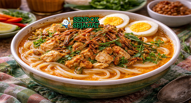 Mangkuk laksa tambelan khas Bintan dengan kuah santan gurih, mie sagu kenyal, suwiran ikan tongkol asap, dan taburan daun kesum segar