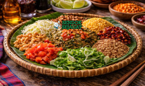 Laphet Thoke Siap Sajian dengan Rasa Menggoda Laphet thoke khas Myanmar dengan daun teh fermentasi dicampur kacang goreng, bawang goreng, tomat, dan kubis, disajikan segar di mangkuk