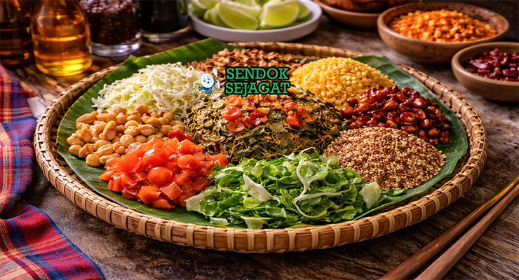 Laphet thoke khas Myanmar dengan daun teh fermentasi dicampur kacang goreng, bawang goreng, tomat, dan kubis, disajikan segar di mangkuk