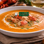 Lobster bisque khas Amerika Serikat dengan kuah krim halus berwarna merah muda, potongan lobster, dan taburan parsley disajikan di mangkuk putih elegan