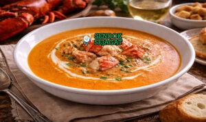 Lobster bisque khas Amerika Serikat dengan kuah krim halus berwarna merah muda, potongan lobster, dan taburan parsley disajikan di mangkuk putih elegan