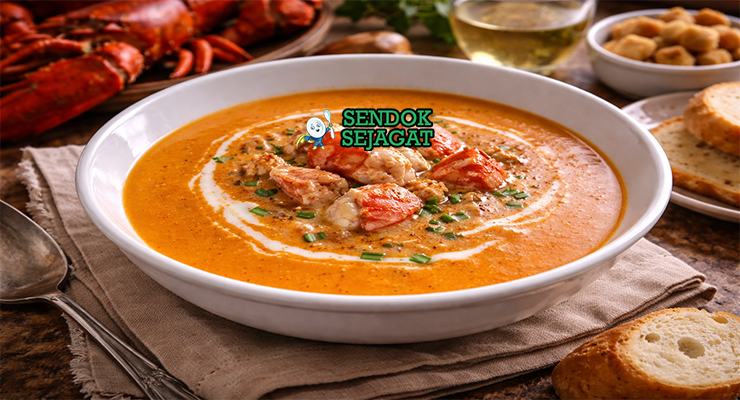 Lobster bisque khas Amerika Serikat dengan kuah krim halus berwarna merah muda, potongan lobster, dan taburan parsley disajikan di mangkuk putih elegan