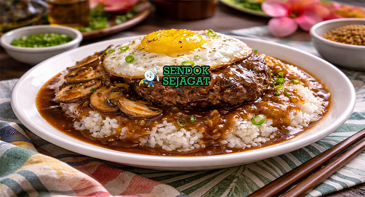 Loco moco khas Hawaii dengan nasi putih, patty daging juicy, telur mata sapi, dan gravy cokelat kental disajikan di piring putih