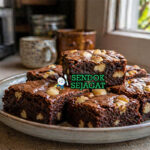 Brownies cokelat pekat dengan tekstur fudgy dan potongan kacang macadamia renyah di permukaan
