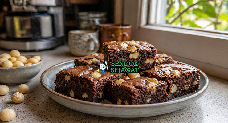 Brownies cokelat pekat dengan tekstur fudgy dan potongan kacang macadamia renyah di permukaan