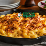 Macaroni and cheese khas Amerika dengan saus keju kental, permukaan keemasan renyah, pasta makaroni lembut, dan lelehan cheddar yang creamy