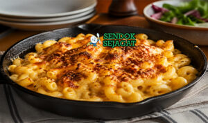 Macaroni and cheese khas Amerika dengan saus keju kental, permukaan keemasan renyah, pasta makaroni lembut, dan lelehan cheddar yang creamy