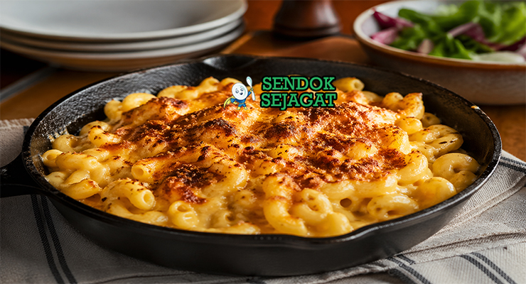 Macaroni and cheese khas Amerika dengan saus keju kental, permukaan keemasan renyah, pasta makaroni lembut, dan lelehan cheddar yang creamy