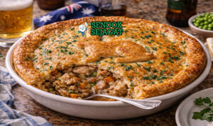 Irisan Macleay Valley Rabbit Pie Australia autentik dengan crust pastry flaky keemasan, isian daging kelinci gurih beraroma thyme dan bacon di piring putih yang menggugah selera