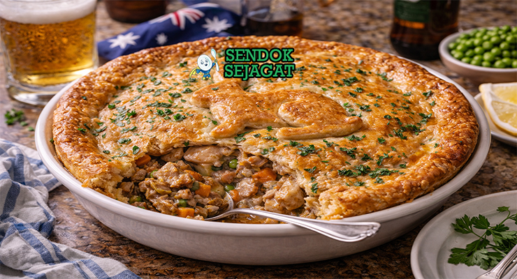 Irisan Macleay Valley Rabbit Pie Australia autentik dengan crust pastry flaky keemasan, isian daging kelinci gurih beraroma thyme dan bacon di piring putih yang menggugah selera