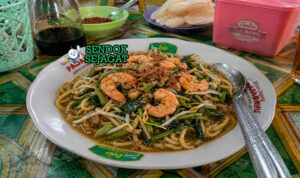 Semangkuk mie kangkung Betawi berkuah cokelat kental, mie kuning, kangkung hijau segar, tauge renyah, dan udang yang menggoda selera