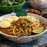 Mie lendir Batam dalam mangkuk saji dengan kuah kecokelatan kental, telur rebus, tauge, dan taburan bawang goreng