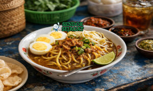 Mie lendir Batam dalam mangkuk saji dengan kuah kecokelatan kental, telur rebus, tauge, dan taburan bawang goreng