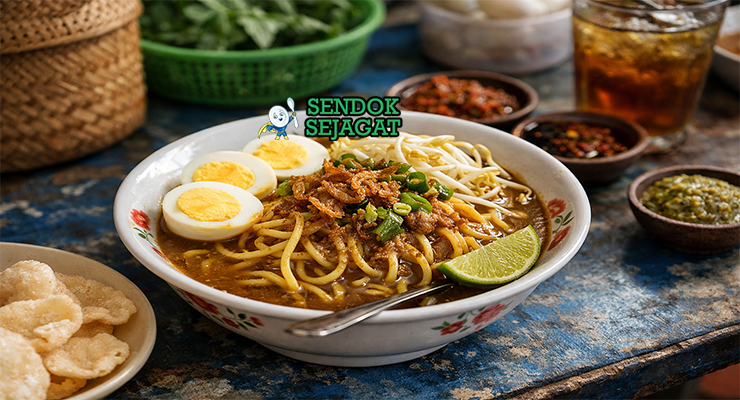Mie lendir Batam dalam mangkuk saji dengan kuah kecokelatan kental, telur rebus, tauge, dan taburan bawang goreng