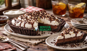 Mississippi Mud Pie khas Mississippi dengan lapisan cokelat lembut, crust Oreo renyah, dan topping whipped cream serta cokelat shavings disajikan di piring