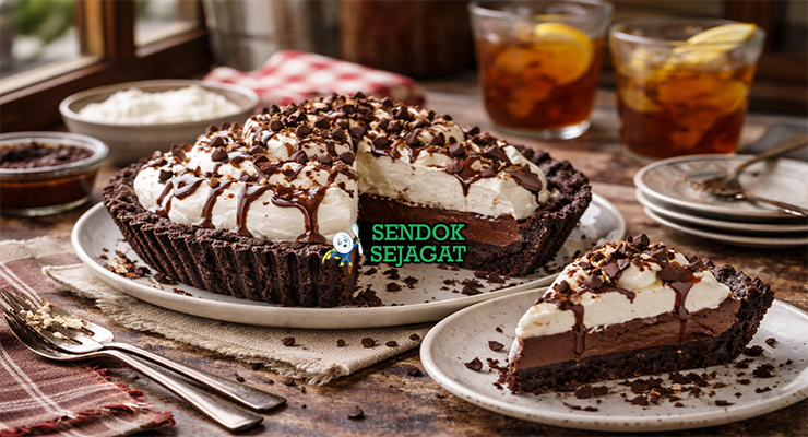 Mississippi Mud Pie khas Mississippi dengan lapisan cokelat lembut, crust Oreo renyah, dan topping whipped cream serta cokelat shavings disajikan di piring