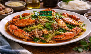 Mud crab with ginger and shallot khas Australia dengan potongan kepiting renyah, jahe iris, dan bawang merah harum disajikan di piring putih