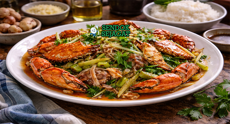 Mud crab with ginger and shallot khas Australia dengan potongan kepiting renyah, jahe iris, dan bawang merah harum disajikan di piring putih