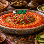 Muhammara khas Suriah dengan dip paprika panggang berwarna merah cerah, tekstur kasar walnut, disajikan di mangkuk dengan roti pita