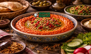 Muhammara khas Suriah dengan dip paprika panggang berwarna merah cerah, tekstur kasar walnut, disajikan di mangkuk dengan roti pita