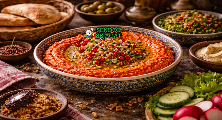 Muhammara khas Suriah dengan dip paprika panggang berwarna merah cerah, tekstur kasar walnut, disajikan di mangkuk dengan roti pita