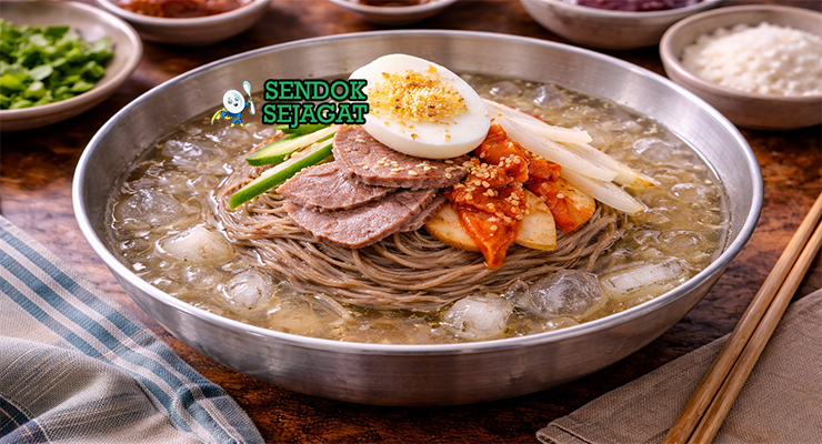 Mangkuk mul-naengmyeon khas Korea berisi mi kenyal di kuah dingin dengan irisan pir, timun, telur rebus, dan daging sapi tipis yang menggugah selera