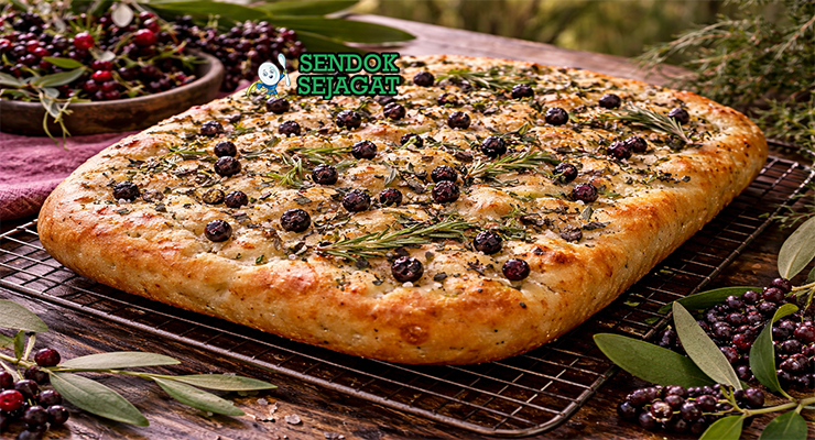 Native pepperberry focaccia disajikan hangat di piring kayu dengan permukaan keemasan berlubang-lubang, taburan sea salt flakes dan bubuk pepperberry yang harum