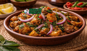 Hidangan nkwobi Nigeria autentik dengan potongan kaki sapi kenyal berbalut saus minyak sawit merah pedas, taburan daun utazi dan bawang bombay iris di mangkuk tradisional yang menggugah selera