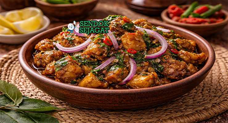 Hidangan nkwobi Nigeria autentik dengan potongan kaki sapi kenyal berbalut saus minyak sawit merah pedas, taburan daun utazi dan bawang bombay iris di mangkuk tradisional yang menggugah selera