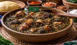 Okazi soup khas Nigeria dengan kuah kental berwarna oranye, berisi daging, ikan, dan daun okazi hijau, disajikan hangat di mangkuk