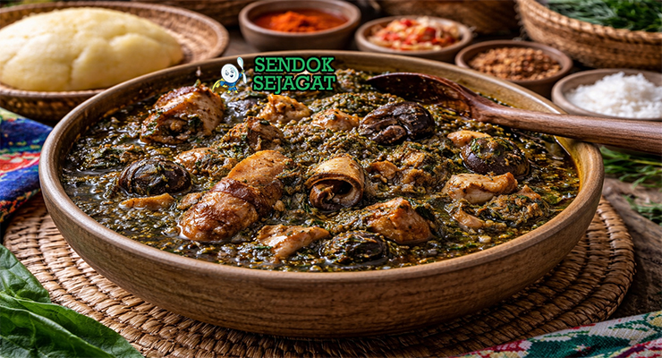 Okazi soup khas Nigeria dengan kuah kental berwarna oranye, berisi daging, ikan, dan daun okazi hijau, disajikan hangat di mangkuk