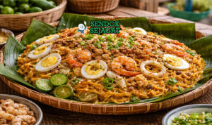 Pancit Malabon Siap Sajian di Bilao dengan Topping Melimpah Pancit Malabon khas Filipina dengan mi tebal berwarna kuning jingga, ditaburi udang, cumi, telur rebus, chicharon, dan tinapa flakes disajikan di piring bambu