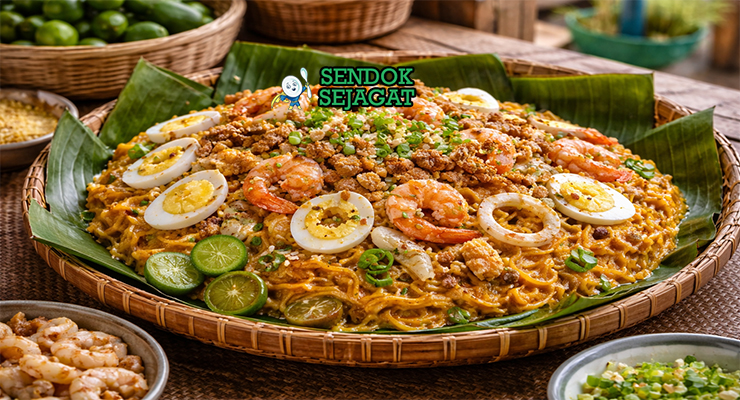 Pancit Malabon khas Filipina dengan mi tebal berwarna kuning jingga, ditaburi udang, cumi, telur rebus, chicharon, dan tinapa flakes disajikan di piring bambu