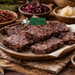 Pemmican khas Amerika Utara berbentuk batang padat dari daging kering, lemak, dan buah cranberry disajikan di wadah kayu