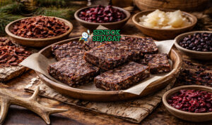 Pemmican Khas Amerika Utara Siap Dibawa Pemmican khas Amerika Utara berbentuk batang padat dari daging kering, lemak, dan buah cranberry disajikan di wadah kayu