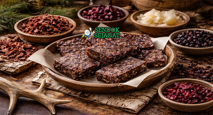 Pemmican khas Amerika Utara berbentuk batang padat dari daging kering, lemak, dan buah cranberry disajikan di wadah kayu