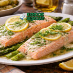 Poached salmon khas Amerika dengan fillet lembut, irisan lemon, dan dill segar disajikan di piring putih dengan kaldu jernih