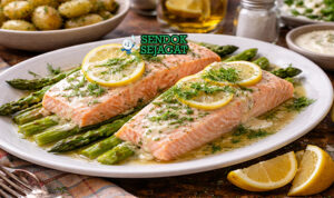 Poached salmon khas Amerika dengan fillet lembut, irisan lemon, dan dill segar disajikan di piring putih dengan kaldu jernih