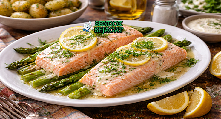 Poached salmon khas Amerika dengan fillet lembut, irisan lemon, dan dill segar disajikan di piring putih dengan kaldu jernih