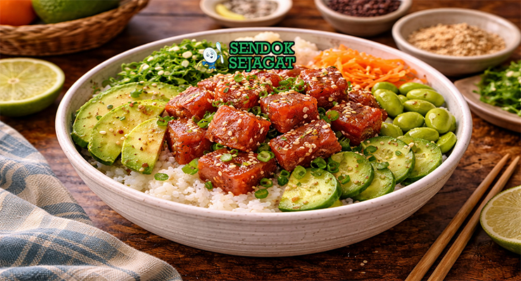 Mangkuk poke bowl khas Hawaii berisi nasi, potongan tuna segar marinasi, alpukat iris, edamame, mentimun, mangga, dan taburan wijen yang menggoda selera