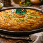 Pommes Anna khas Prancis dengan lapisan kentang tipis keemasan, renyah di pinggir dan lembut di tengah, disajikan seperti pai di piring putih