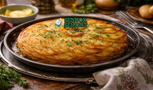 Pommes Anna khas Prancis dengan lapisan kentang tipis keemasan, renyah di pinggir dan lembut di tengah, disajikan seperti pai di piring putih